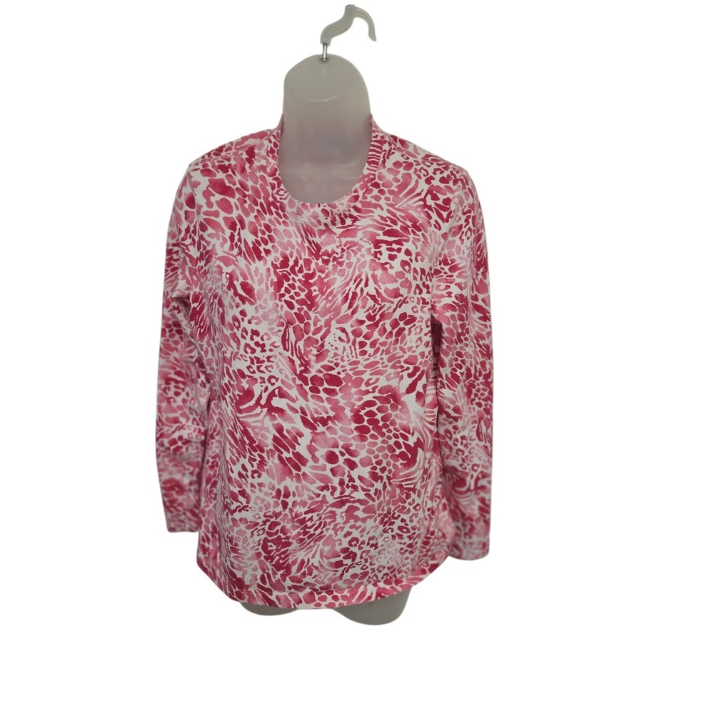 Chicos Pink White Abstract Animal Print Long Sleeve Crew Neck Top Size 1 M